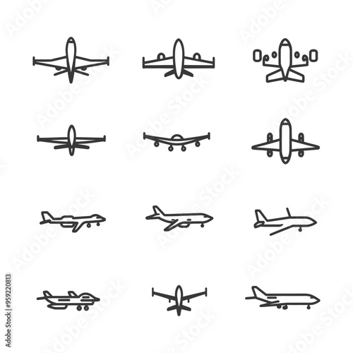 Set of Simple Airplane Icons in Different Views and Designs