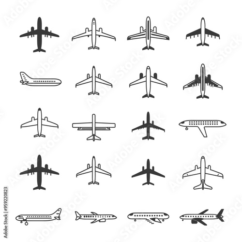 Set of Airplane Icons in Different Styles and Orientations