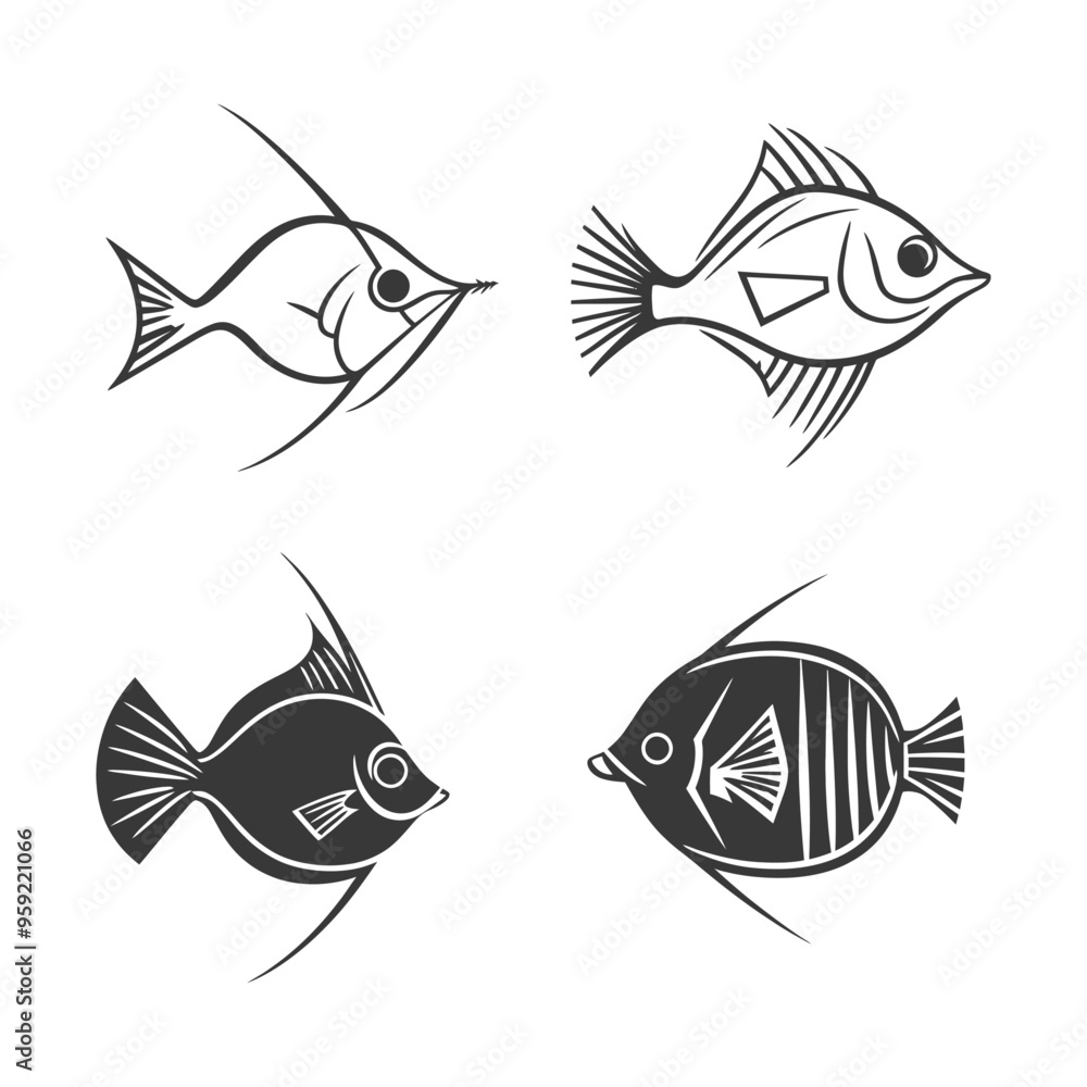 Naklejka premium Four Stylized Black and White Fish Illustrations