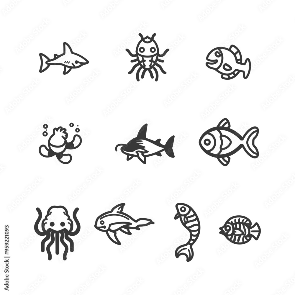 Fototapeta premium Nine Black and White Line Art Drawings of Sea Creatures