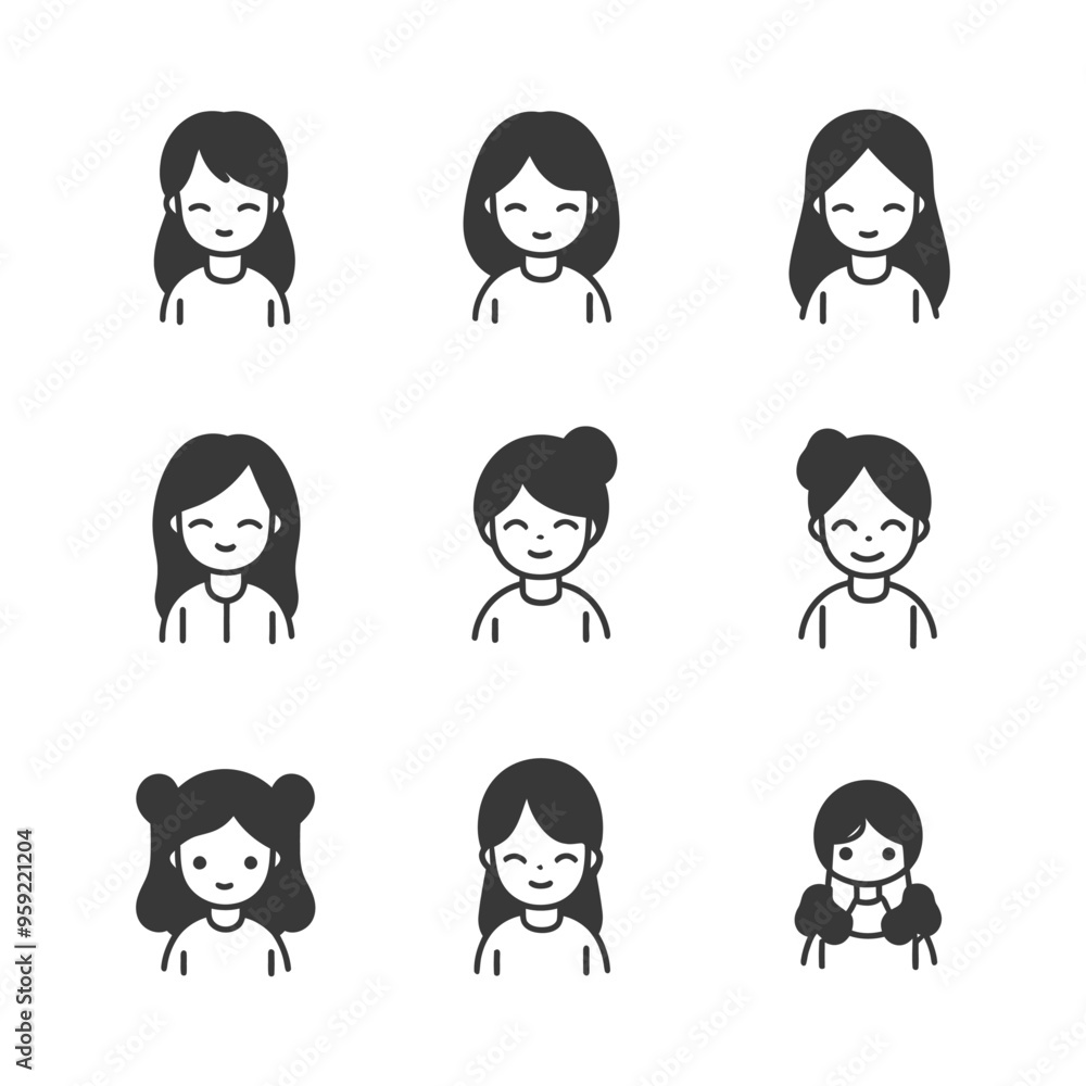 Nine Simple Illustrations of Smiling Girl Characters with Different Hairstyles Nine Simple Illustrations of Smiling Girl Characters with Different Hairstyles