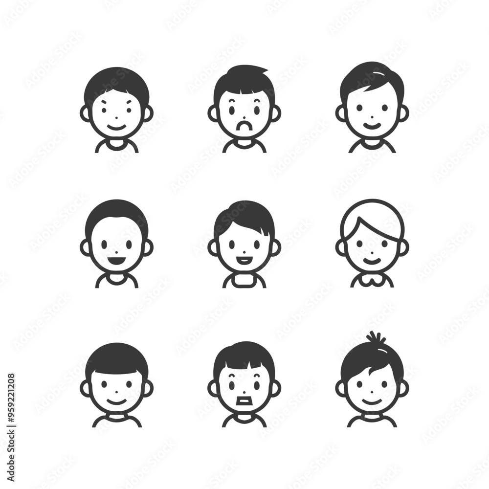Set of Nine Simple Cartoon Child Icons with Different Hairstyles and Expressions Set of Nine Simple Cartoon Child Icons with Different Hairstyles and Expressions