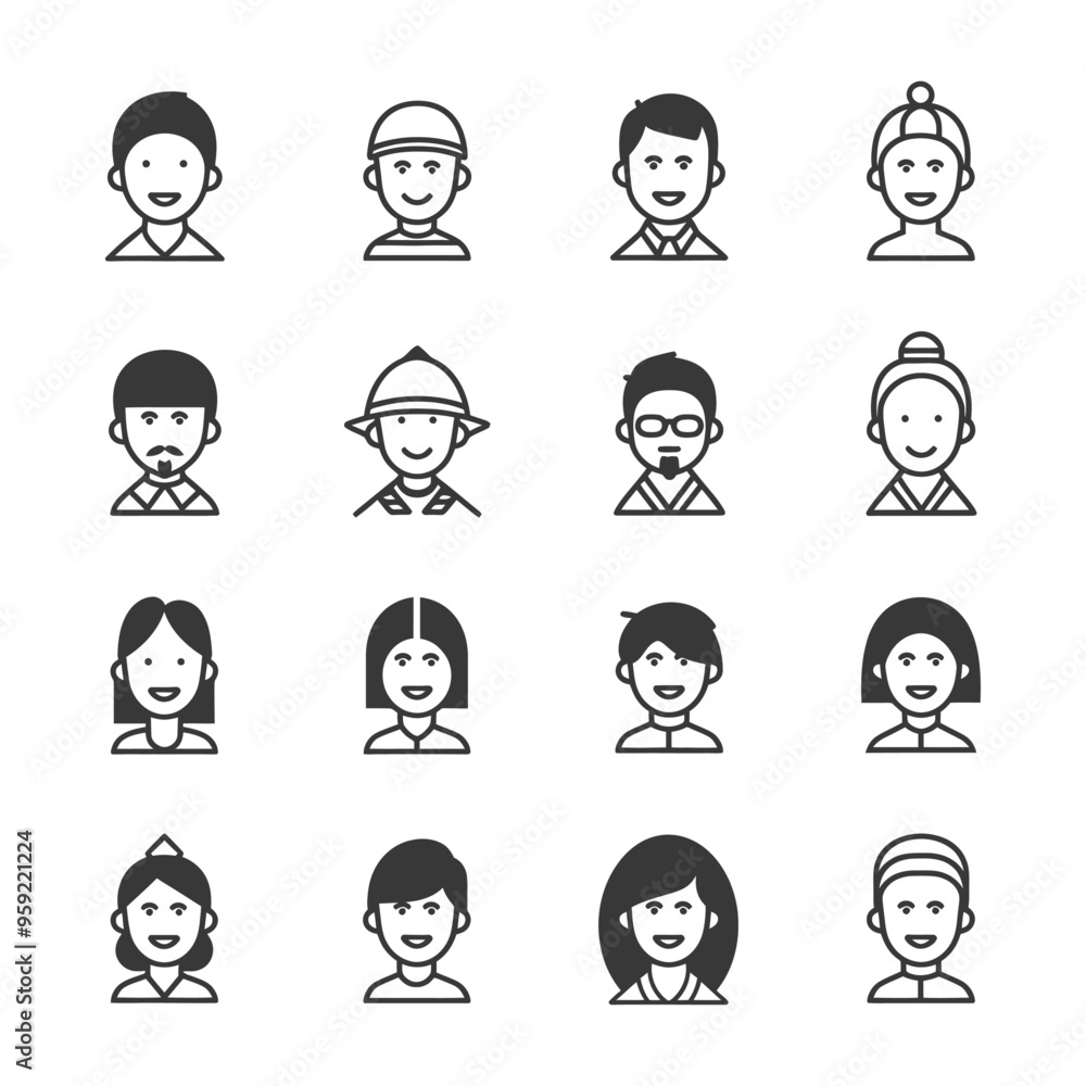 A Set of Sixteen Diverse Smiling Character Icons A Set of Sixteen Diverse Smiling Character Icons