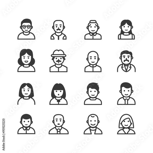 Collection of 16 Diverse Line Icons Representing Human Profiles