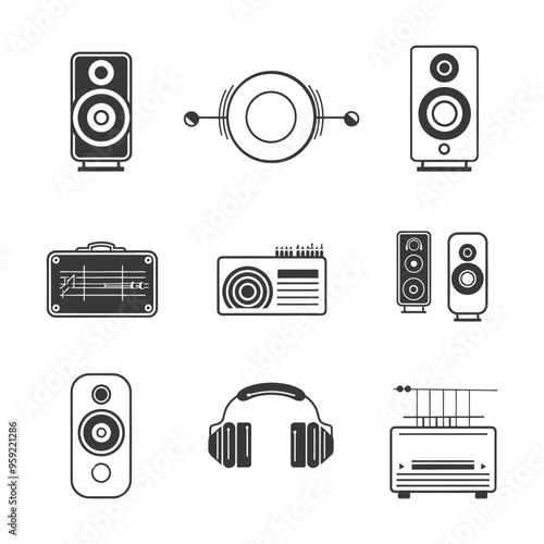 Audio Device Icons Set Speakers Headphones Radio and Stereo System