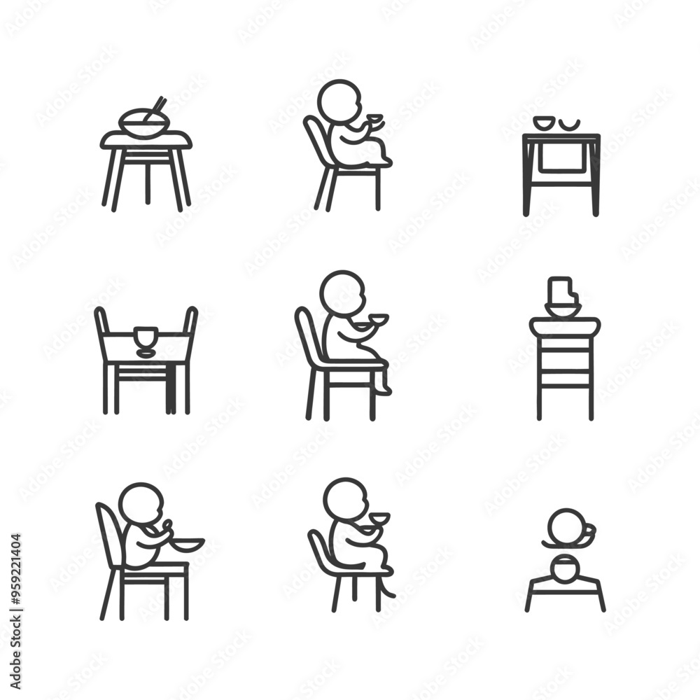 Set of Baby High Chair and Table Line Icons Set of Baby High Chair and Table Line Icons