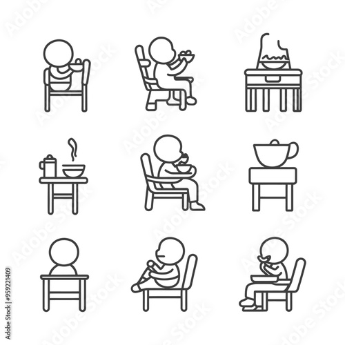 Stick Figure Illustrations of People Eating at Tables and Chairs