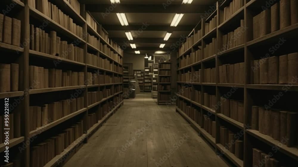 Dimly lit village archive room, shelves of old scrolls and parchments Dimly lit village archive room, shelves of old scrolls and parchments