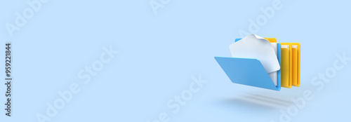 Blue and yellow folders of explorer, operating system files or applications. 3D rendering on the topic of applications, programs, technologies, computer, smartphone. Blue background.