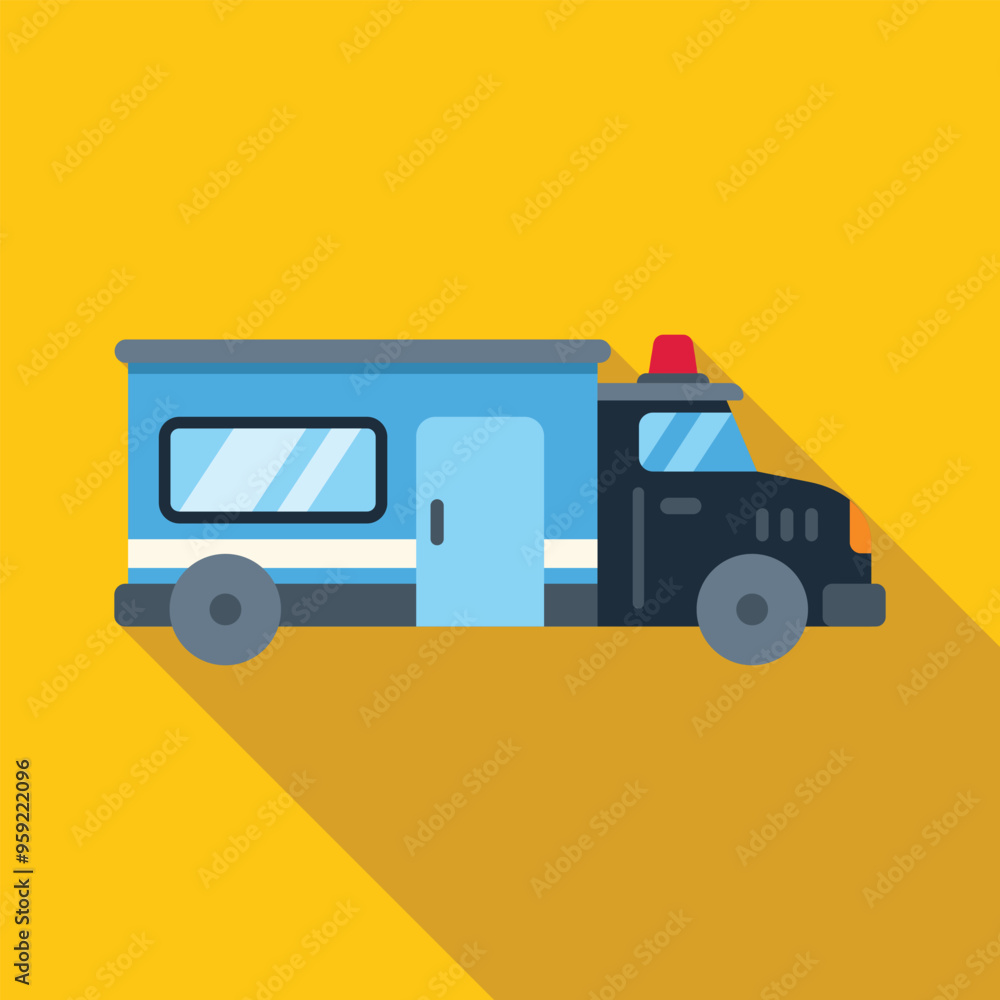 Blue police truck with siren standing on yellow background, flat design style vector illustration Blue police truck with siren standing on yellow background, flat design style vector illustration