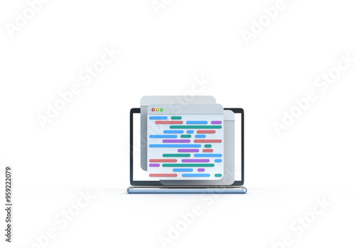 Browser page with volumetric text, code and notebook. 3D rendering on the topic of code, programming, development, applications, programs. Transparent background.
