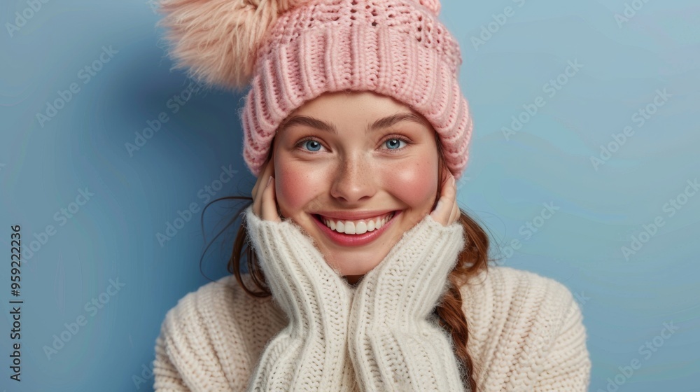 beautiful woman smiling at camera in woolen coat and pink hat on blue background beautiful woman smiling at camera in woolen coat and pink hat on blue background