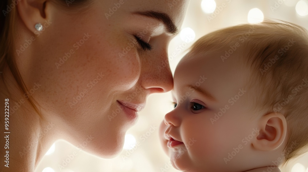 A woman and baby looking at each other with a light shining on them, AI A woman and baby looking at each other with a light shining on them, AI