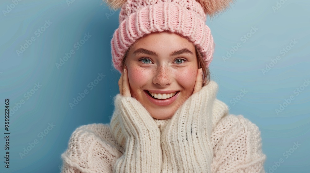 beautiful woman smiling at camera in woolen coat and pink hat on blue background beautiful woman smiling at camera in woolen coat and pink hat on blue background