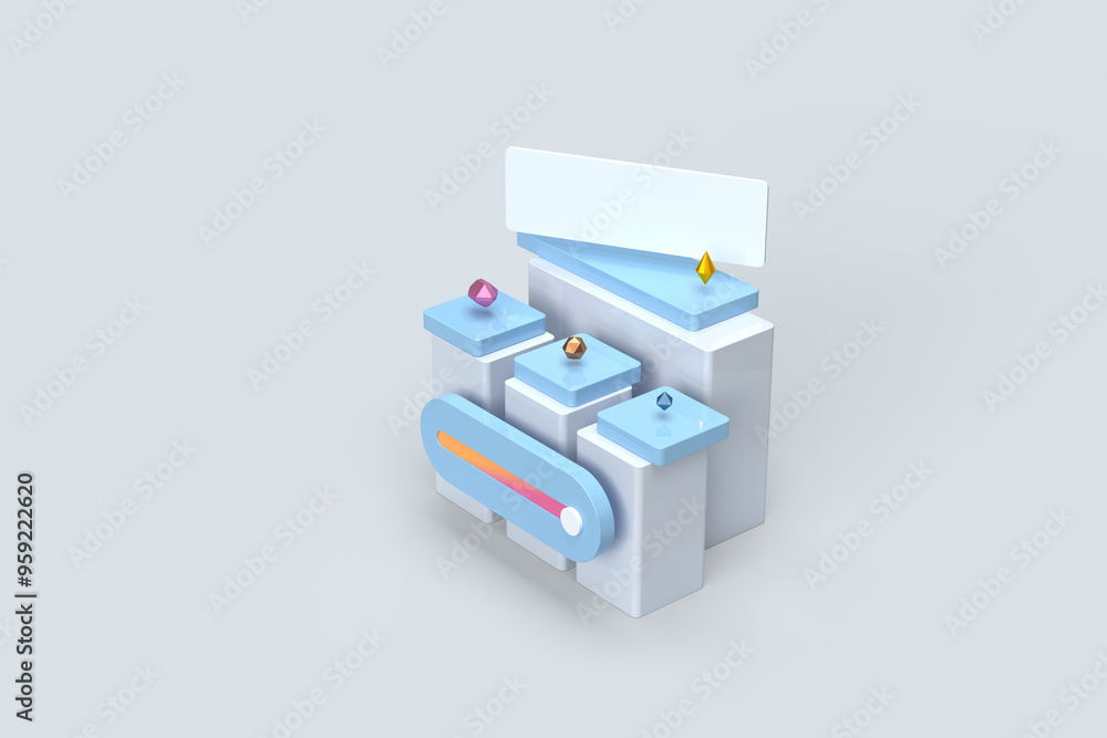 Dashboard, graph columns and object with level, adjustment. Text area. 3D rendering on the topic of business, work, graphs, analytics, statistics. Blue background.