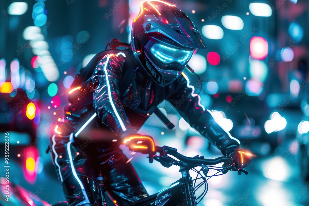 A futuristic cyclist with neon lights rides through a vibrant, bustling city at night, showcasing speed and technology. A futuristic cyclist with neon lights rides through a vibrant, bustling city at night, showcasing speed and technology.