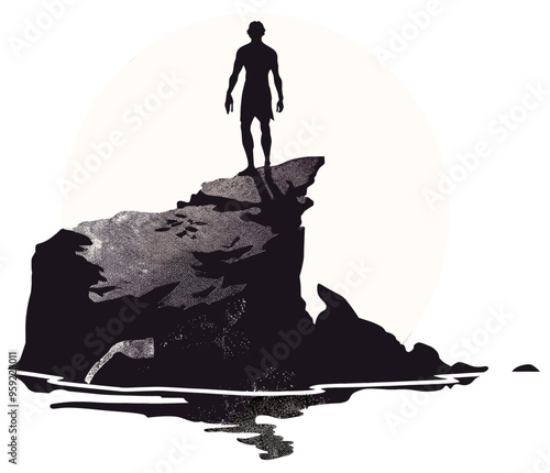 Silhouette of man standing at top of rocky hill by the beach with sunset behind. Minimalist illustration