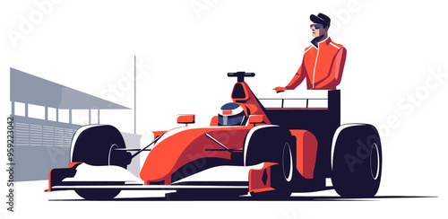 Formula 1 driver getting ready for race. Minimalist illustration