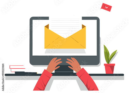 Person's hands writing an email in computer. Minimalist illustration