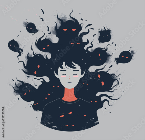 Boy surrounded by dark ghost souls representing anxiety and depression. Mental health concept. Flat design illustration
