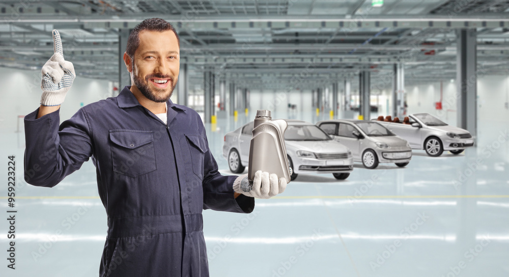 © Ljupco Smokovski - Car mechanic holding an engine oil plastic bottle and pointing up in a garage © Ljupco Smokovski - Car mechanic holding an engine oil plastic bottle and pointing up in a garage