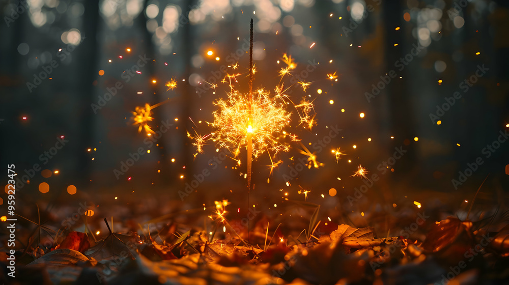 Sparkler in Forest with Autumn Leaves Sparkler in Forest with Autumn Leaves