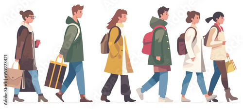 Adult people walking going to work or university. Minimalist flat design illustration