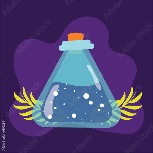 Potion bottle with glowing liquid on purple background Vector