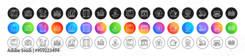 Marketplace, Lighthouse and Box size line icons. Round icon gradient buttons. Pack of Package size, Arena stadium, Lounge icon. Painter, Open door, Arena pictogram. Vector