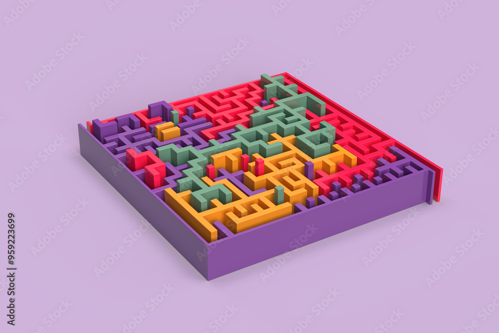 Maze a multicolored of cubes, geometric shapes. 3d rendering on the theme of puzzles, games, maze, technology, computer, 3d, video card. Abstract composition. Violet background. Maze a multicolored of cubes, geometric shapes. 3d rendering on the theme of puzzles, games, maze, technology, computer, 3d, video card. Abstract composition. Violet background.