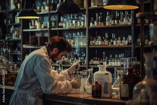 a man in glasses is doing something in a lab scientist conducting experiments in a laboratory