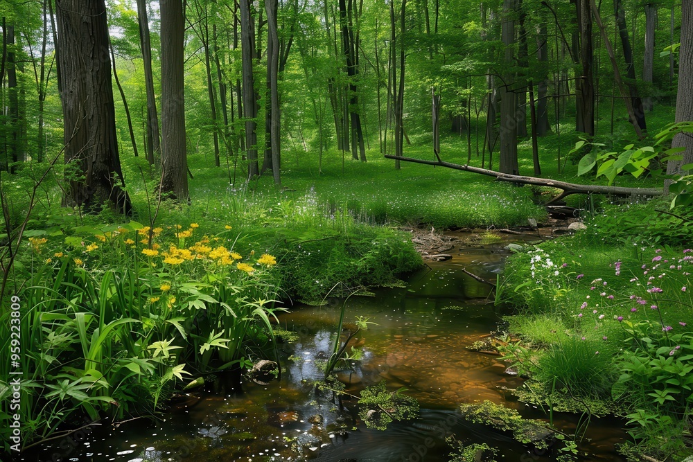 a stream running through a lush green forest serene woodland clearing with wildflowers and a babbling brook a stream running through a lush green forest serene woodland clearing with wildflowers and a babbling brook