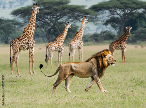 A lion traversing the savanna, with giraffes gracefully roaming in their natural habitat.