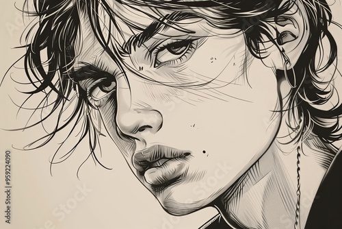 A man with long hair and a black and white drawing of his face