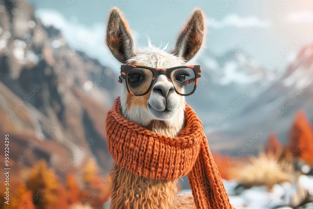 A stylish llama wearing glasses and a cozy scarf poses against a stunning mountain backdrop, exuding charm and personality. A stylish llama wearing glasses and a cozy scarf poses against a stunning mountain backdrop, exuding charm and personality.