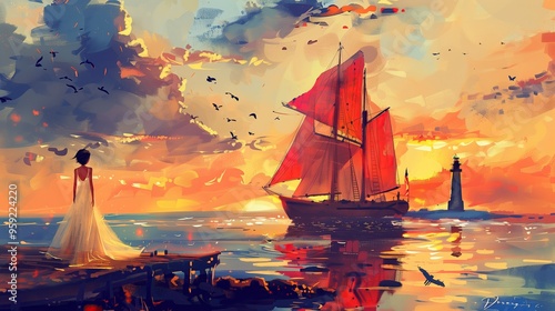 A woman stands on a pier looking out at a sailboat