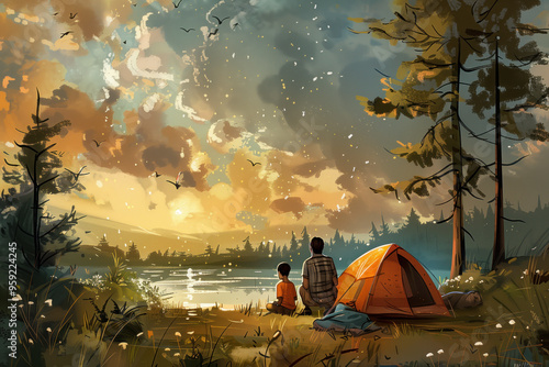 A man and a boy are sitting by a lake in a forest
