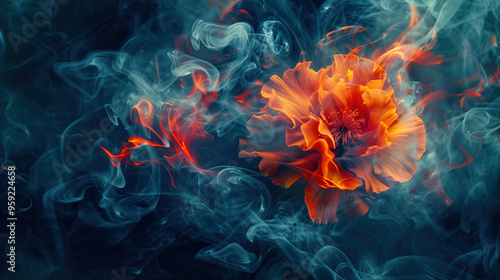 A close up of a blazing flower with a blue background.