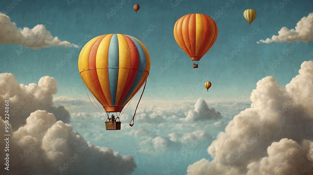 Naklejka premium Landscape vector background of a colorful balloon in the middle of a clear and cloudy sky with fluffy clouds