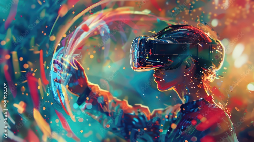 A vibrant virtual reality experience with a person exploring a colorful digital environment through a VR headset. A vibrant virtual reality experience with a person exploring a colorful digital environment through a VR headset.