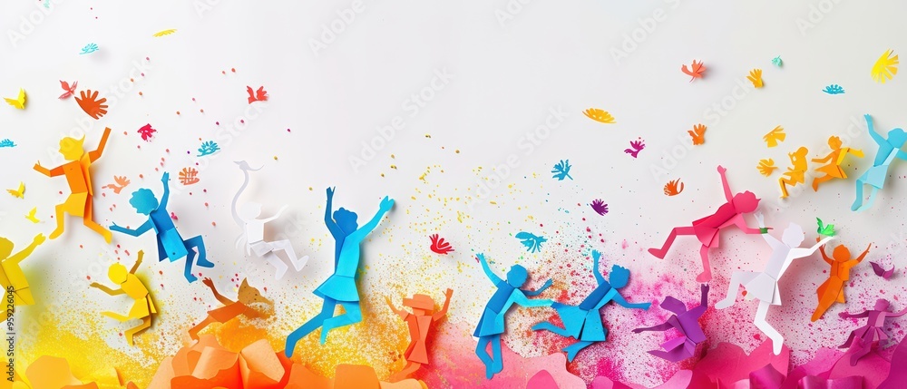 Fototapeta premium Colorful paper figures dance joyfully amidst splashes of vibrant paint, embodying creativity, happiness, and artistic expression.