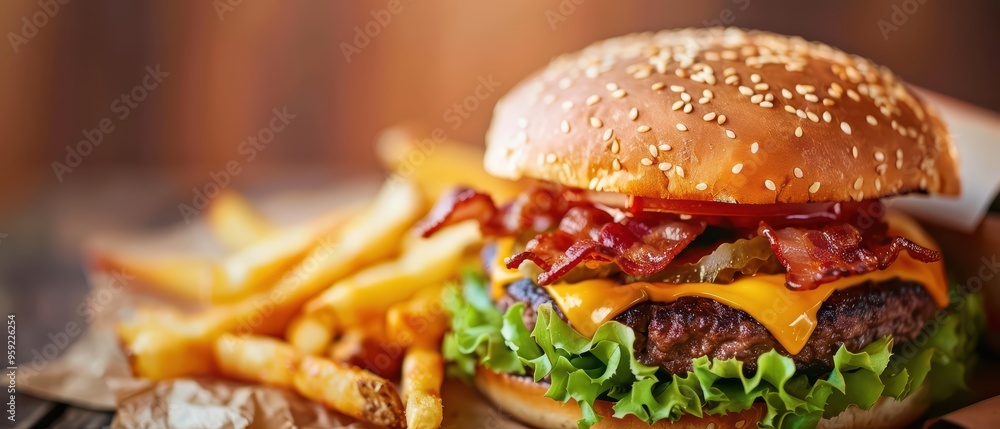 Delicious burger with bacon and cheese served with crispy fries on a rustic wooden background. Delicious burger with bacon and cheese served with crispy fries on a rustic wooden background.