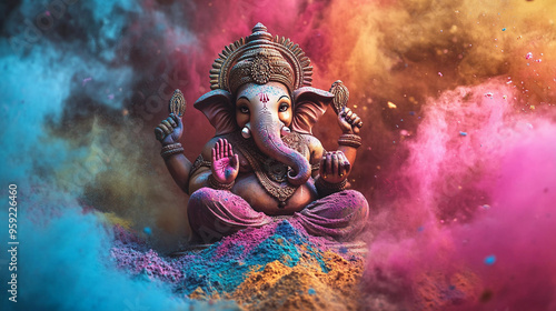 Ganesha with holi colors background, indian festival holi