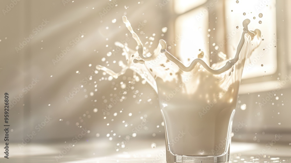 Fresh milk splash captured in a glass, evoking a feeling of purity and energy with soft sunlight illuminating the scene. Fresh milk splash captured in a glass, evoking a feeling of purity and energy with soft sunlight illuminating the scene.