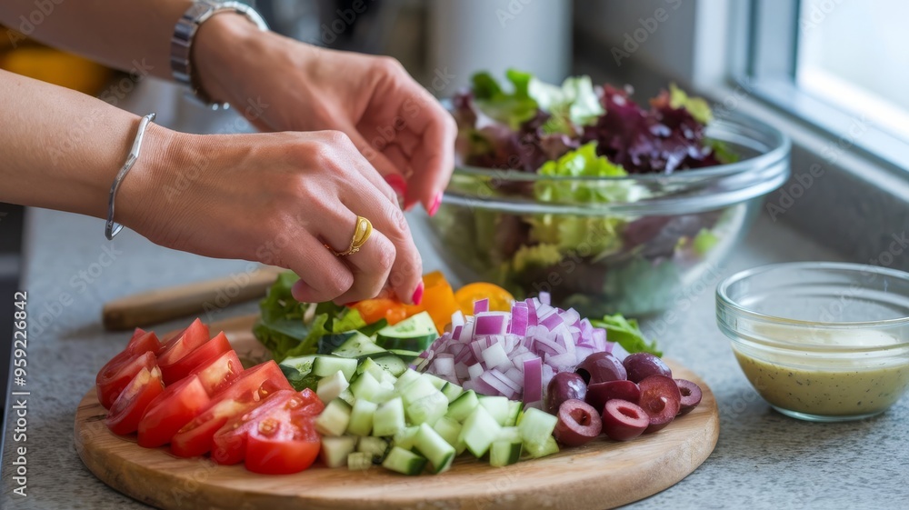 close-up of female hands while preparing salad close-up of female hands while preparing salad
