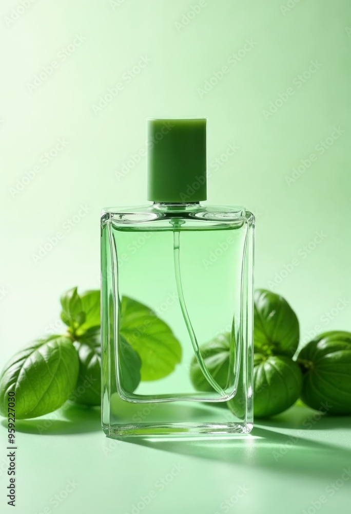 Simple Perfume Bottle with Basil Essential Oil and Fresh Basil Leaves Simple Perfume Bottle with Basil Essential Oil and Fresh Basil Leaves