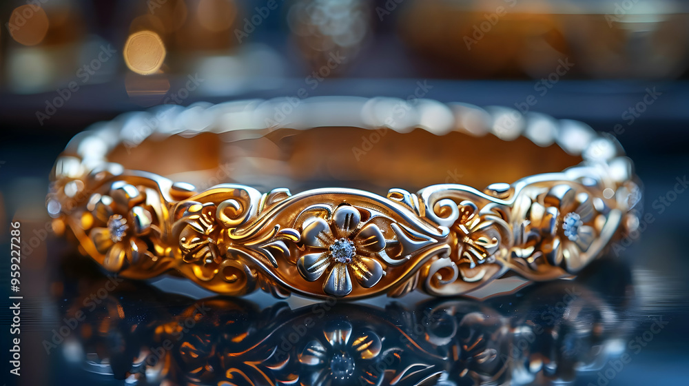 Golden Floral Bracelet with Diamond Accents - 3D Illustration Golden Floral Bracelet with Diamond Accents - 3D Illustration