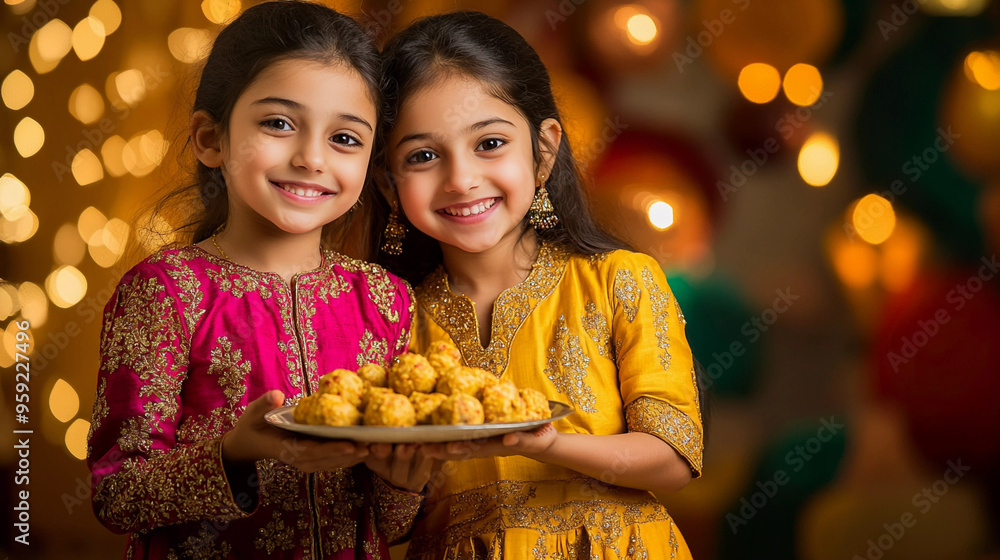 Happy sister holding laddos in plate indian festival sweets Happy sister holding laddos in plate indian festival sweets