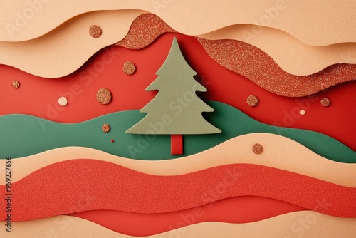 Festive layered paper art with christmas tree and abstract design photo