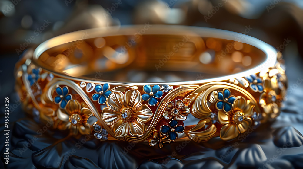 Golden Floral Bracelet with Blue Gemstones 3D Illustration Golden Floral Bracelet with Blue Gemstones 3D Illustration